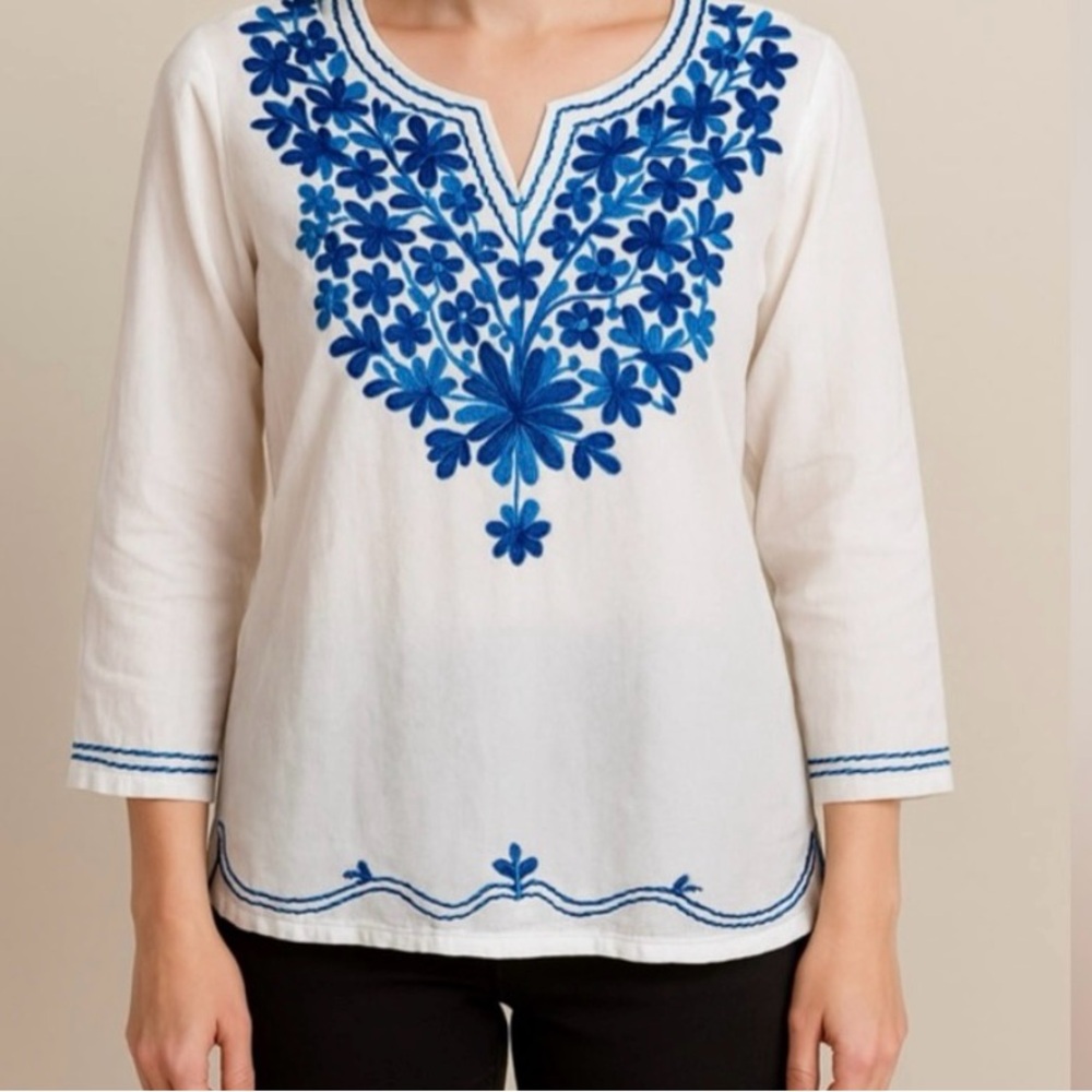 NEW Women White Cotton tunic Top Kurti With blue color
